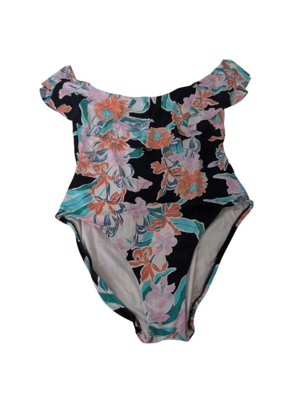 Trina Turk Tropic Wave Swimsuit Womens Size 12 Black Floral Off Shoulder One Pie